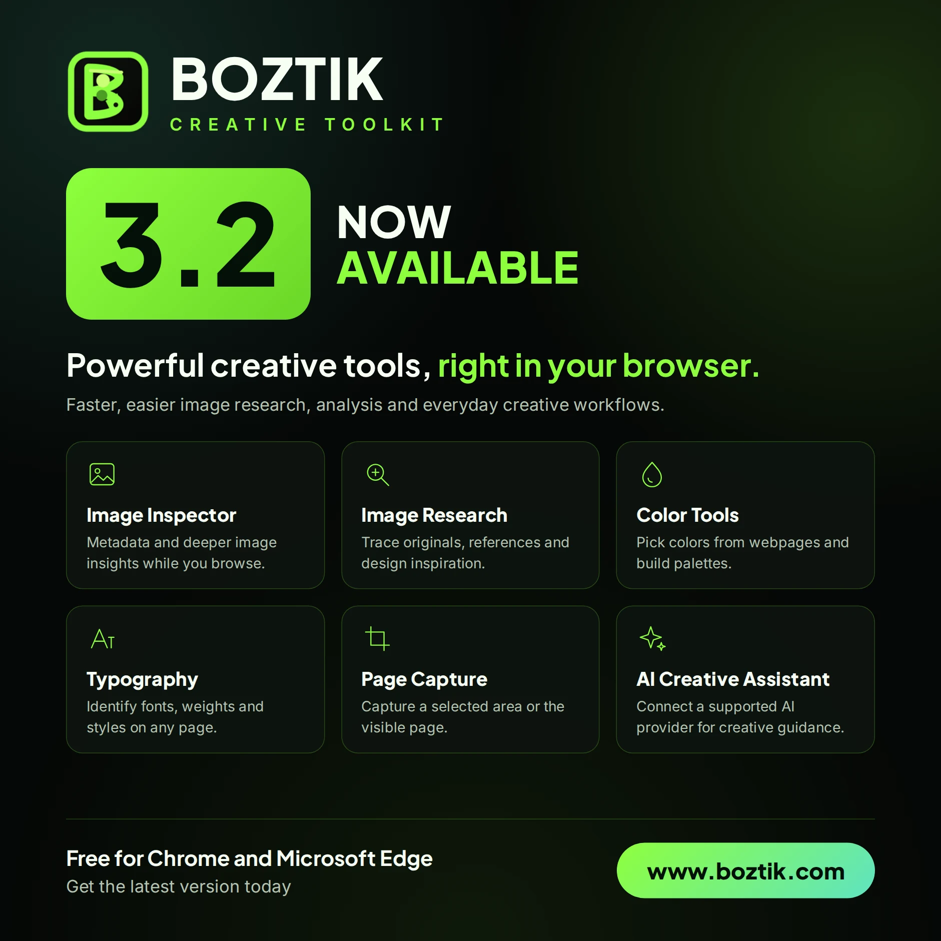Preview of the Boztik Creative Toolkit 3.2 browser extension in use