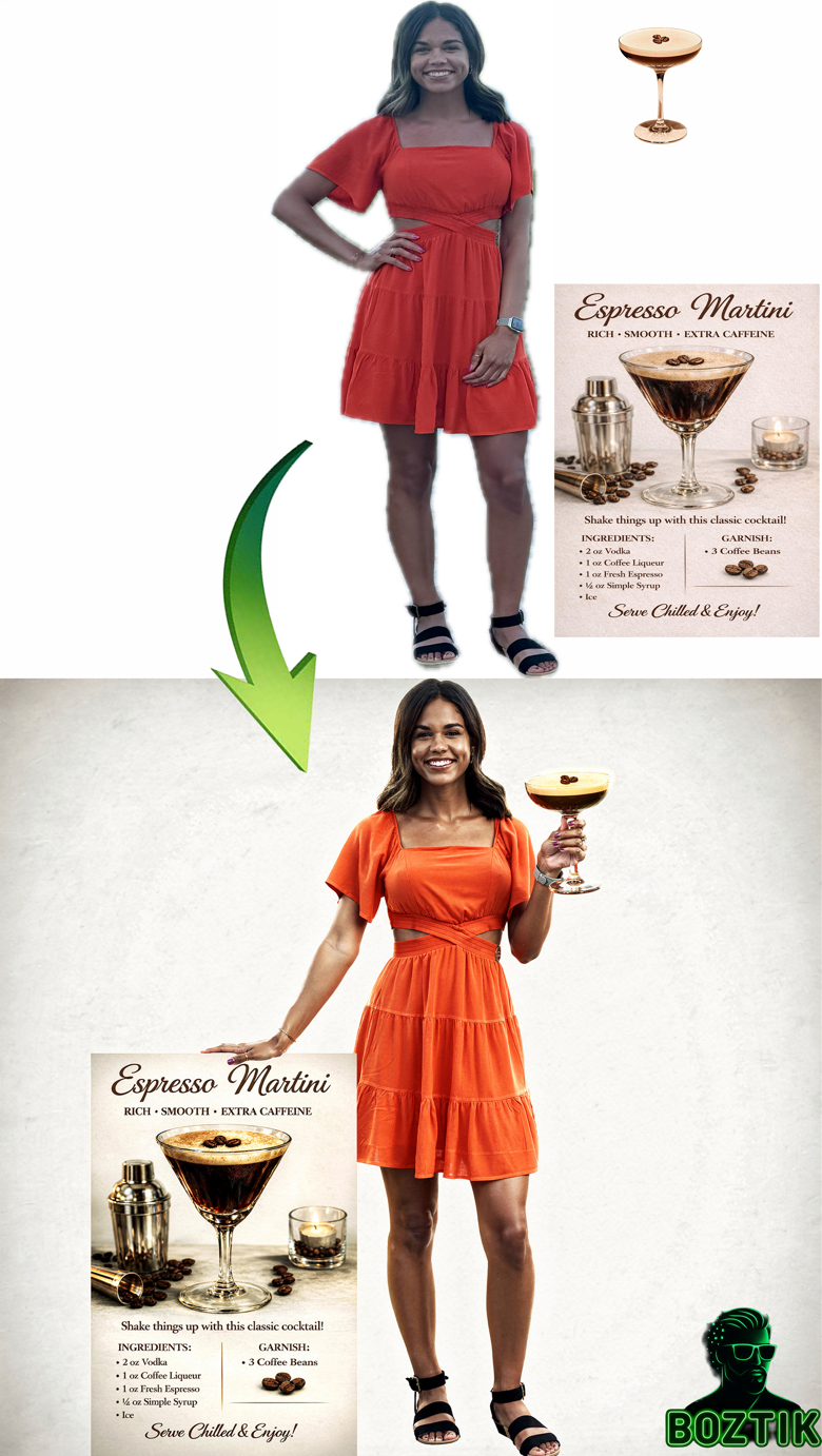 Model and product photography composited with a cocktail recipe card into one promotional image