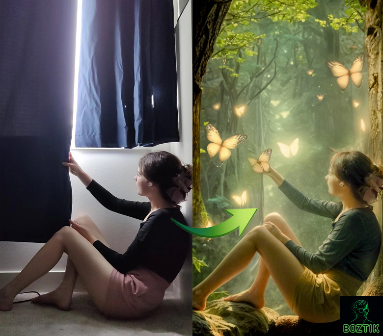Ordinary bedroom photo composited into a glowing fantasy forest scene