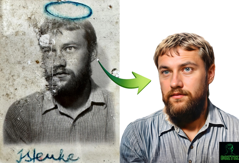 Severely damaged black-and-white portrait restored to a clean, full-color photograph
